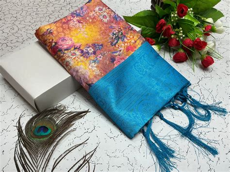 Digital Softy Saree – Mustard Sunset Body with Sky Blue Border ...
