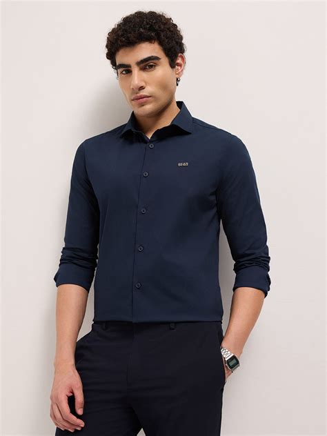 Shirt Navy Blue Solid Tailored Fit Cotton Formal Shirt with Metallic ...