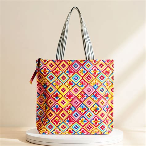 AM6282 Medium Vibrant Geometric & Floral Print Zipper Jute Bag - Reusa ...
