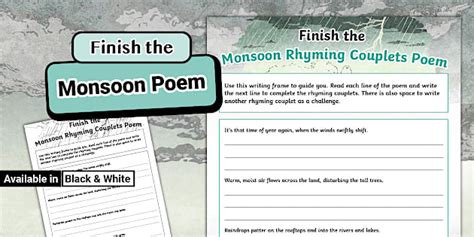 Finish the Monsoon Rhyming Couplets Poem Worksheet - Twinkl