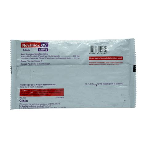 Novamox CV 625 mg Tablet 10's Price, Uses, Side Effects, Composition ...