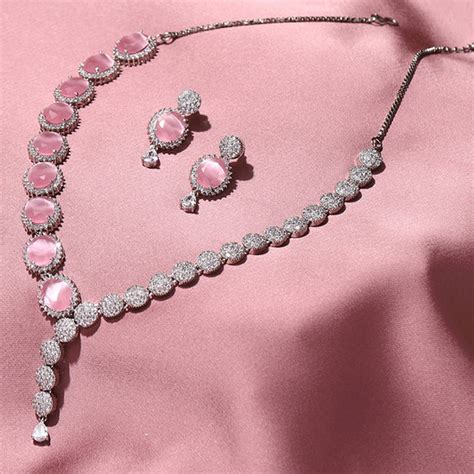 CZ Silver Plated Necklace Set with Pink Stones – VOYLLA