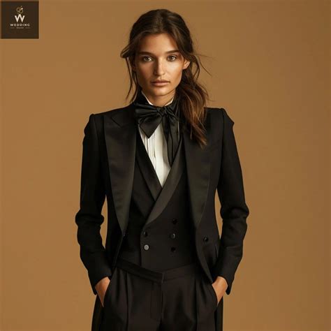 Women's Black Three-Piece Tuxedo Suit - Double-Breasted Vest – Wedding ...