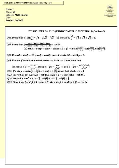 XI - WS ( Trigonometric Functions)Continued - MSD/2024- 25/XI ...