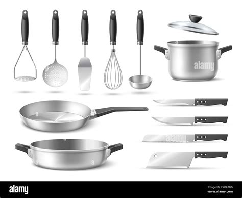 Realistic utensil. Metal kitchenware, cooking tools, pots and frying ...