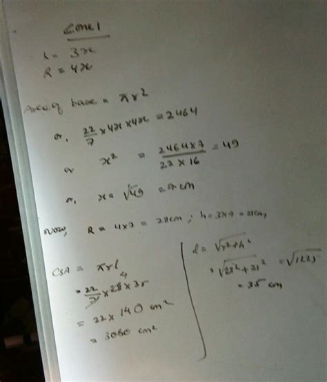 The radius and height of the cone are in the ratio of 4:3. The area of ...