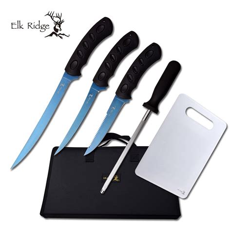 Hunting Knife Set 5-Pc. Blue Titanium Fishing Fillet Blade K