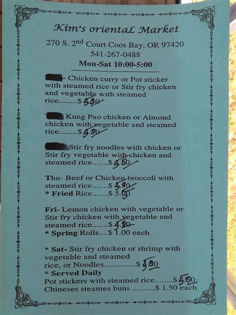 Menu at Kim's Oriental Market restaurant, Coos Bay