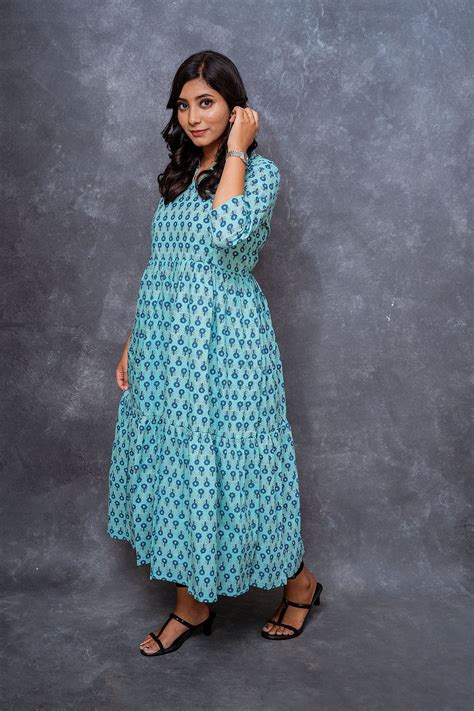 Blue Tiered Collar Neck Maternity Feeding Dress – Cordyally