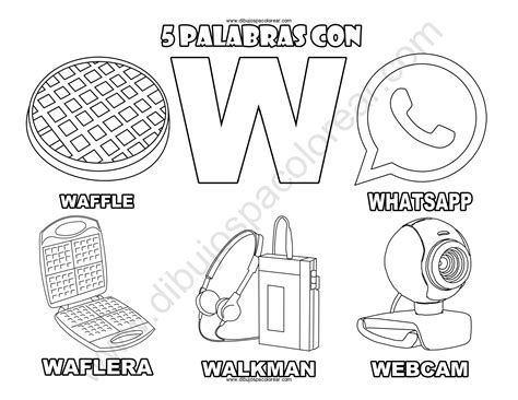 Cinco Palabras con la letra W dibujo a color y para colorear