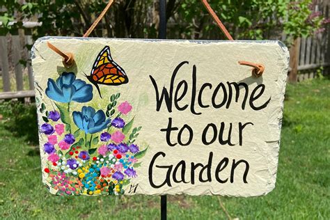 Painted garden sign Slate sign for garden Welcome to our | Etsy