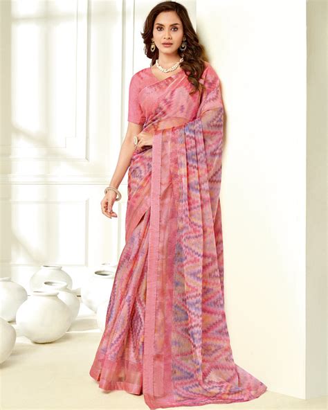 Vishal Prints Pink Ikkat Digital Print Saree With Diamond Work And Cor