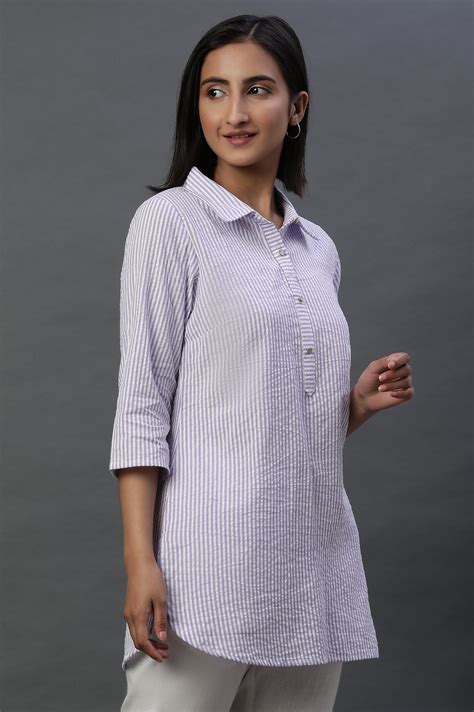 Buy Purple and White Textured Cotton Stripe Casual Kurti Online for ...