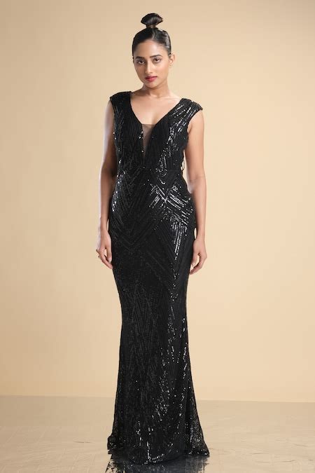 Buy Black Lycra, Net Sequins, Beads Plunge Neck Embroidered Cap Sleeve ...