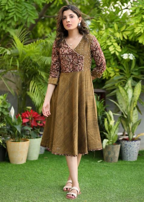 Exclusive Yellow Cotton and Kalamkari Combination Dress with Hand Embr ...