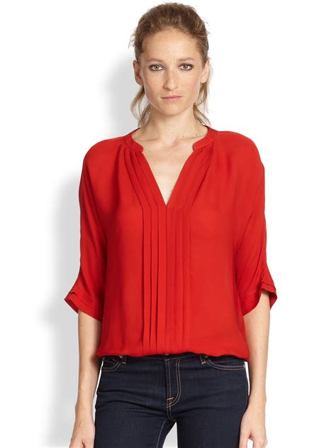 Joie Pleated Silk Blouse in Poppy (Red) - Lyst