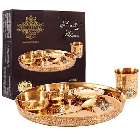 Indian Art Villa Bronze Thali Dinner Set - 6 Pieces, Gold : Amazon.in ...