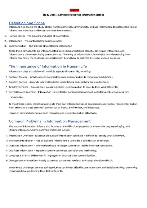 INS1501 Study Unit 1: Understanding Information Science Context and Scope - Studocu