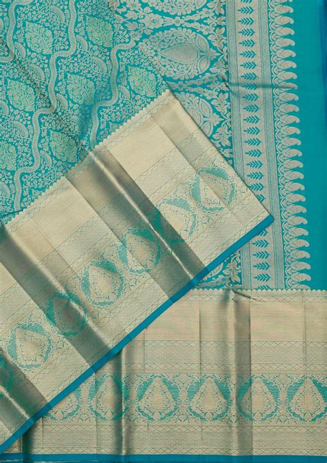 Buy Turquoise Blue Zariwork Pure Silk Saree - Koskii