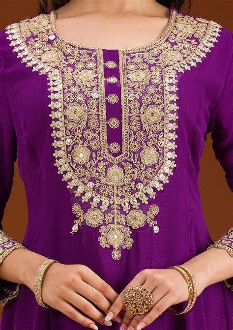 Buy Purple Zariwork Semi Crepe Readymade Salwar Suit - Koskii