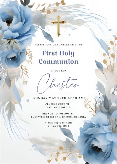 First Holy Communion Invitation Template, Blue and Gold Communion ...
