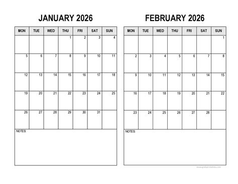 January and February 2026 Calendars | Printable Two-Months