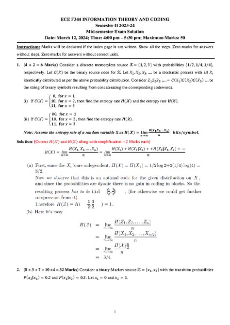 Mid-Sem Exam Solutions for ECE F344: Information Theory and Coding ...