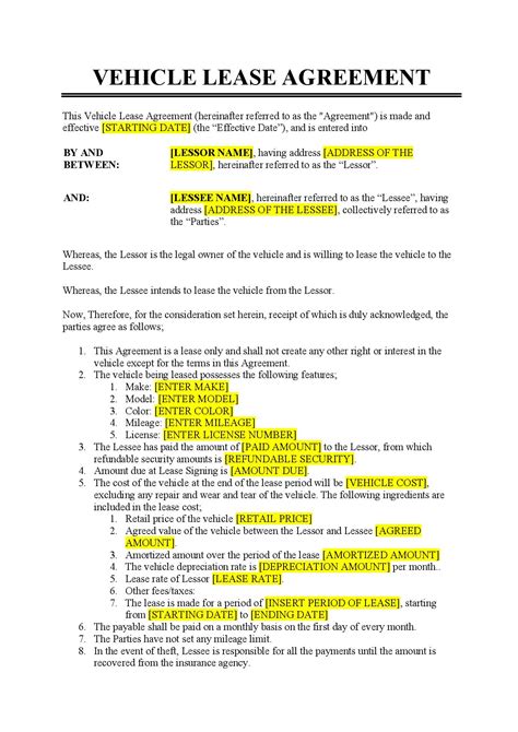 Free Vehicle Lease Agreement Template - PDF & Word