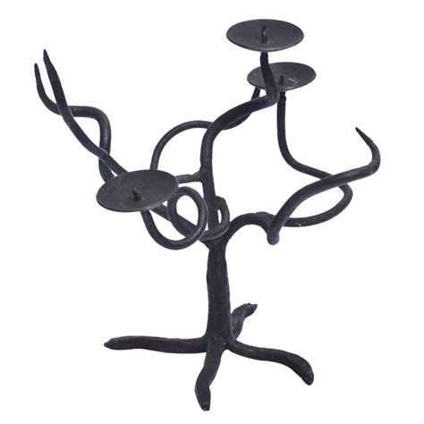 Twisted Vein and Leaf 3 Legged Wrought Iron Double Candle Holders