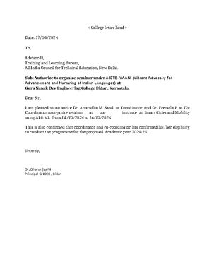 Consent letter Aicte- Vaani Scheme - Date: DD/MM/YYYY To, Advisor-II ...