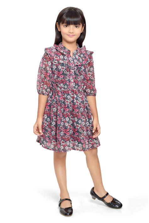 Doodle Girls Blue Chiffon Floral Printed Shirt Dress With 3/4 Sleeve ...