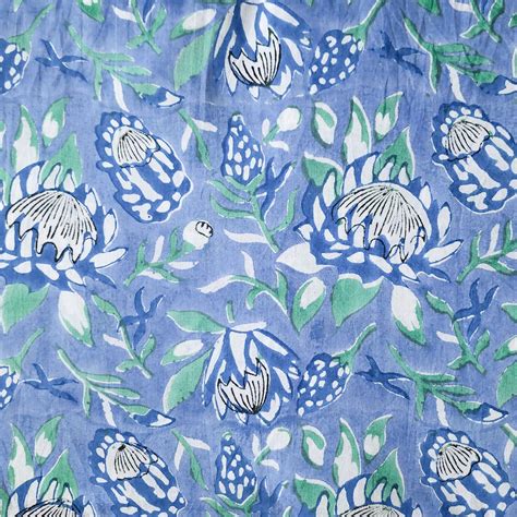 (PRE-CUT 1.25 METER) Pure Cotton Blue With Green Flower Jaal Hand Bloc ...