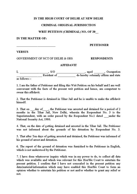 Affidavit for Writ of Habeas Corpus under Art. 226 - Delhi HC - Studocu