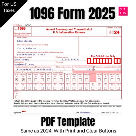 1096 IRS Fillable Template 2024-2025: With Print/clear Buttons (digital ...