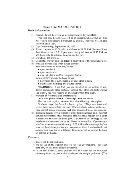 exam 1 engr 131 - Exam 1 for MA 165 - Fall 2019 Basic Information (1 ...