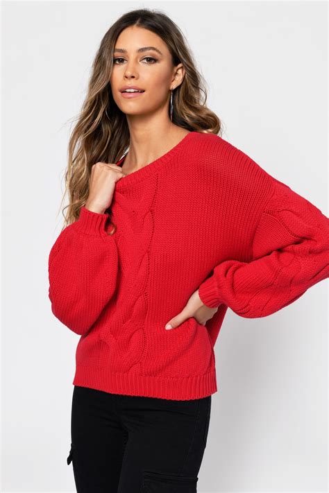 Red Sweater - Cable Knit Sweater - Beige Slouchy Sweater