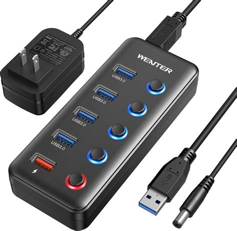 Amazon.com: Powered USB Hub, Wenter 5 Ports USB 3.0 Hub (4 Data ...