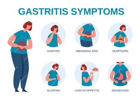 Infografía de síntomas de gastritis, mujer con signos de inflamación del estómago. dolor ...