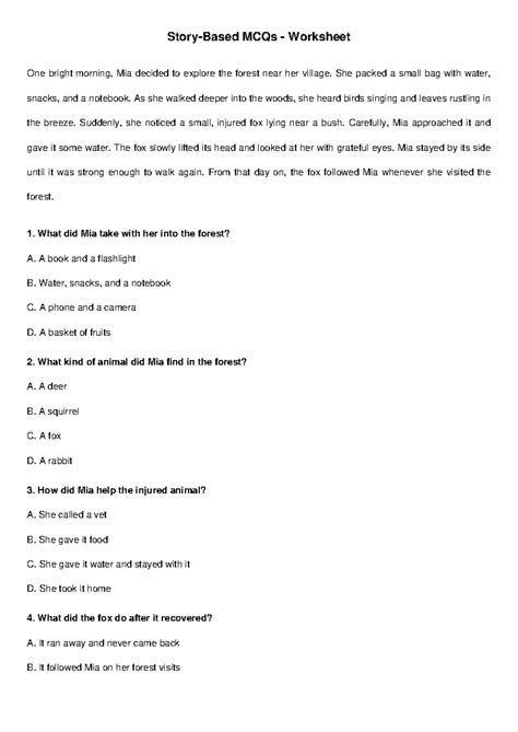 MCQs Worksheet: Mia's Forest Adventure - Studocu