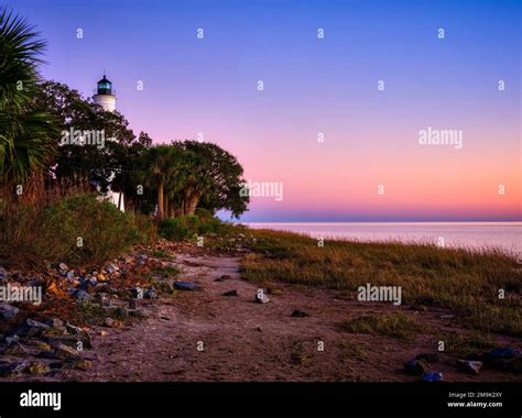 St. Marks Lighthouse and coast at sunset, St. Marks National Wildlife ...