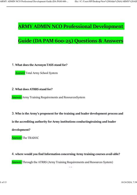 ARMY ADMIN NCO Professional Development Guide (DA PAM 600-25) Questions ...