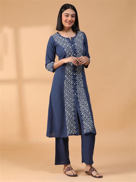 Hand Embroidered Indigo Lucknowi Chikankari Khadi Cotton A-Line Kurta ...