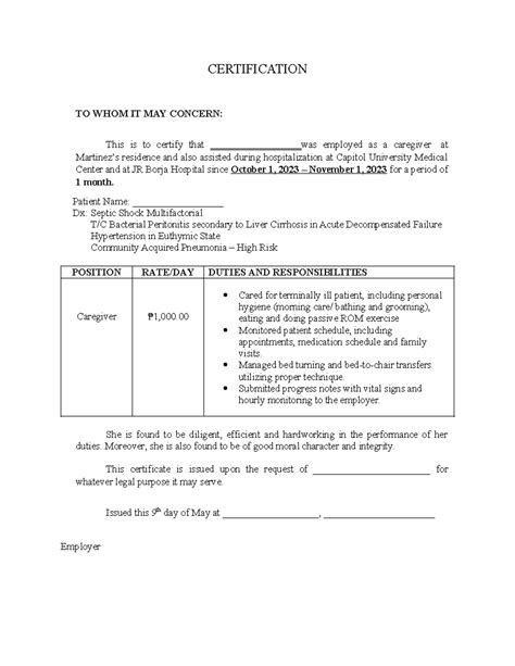 Certificate of Employment Sample for Caregiver Role - Studocu
