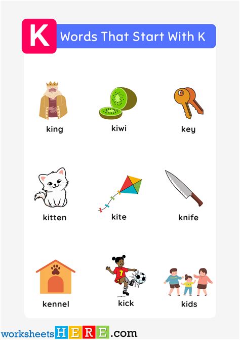 Words That Start With K List and Pictures For Kids Printable PDF ...