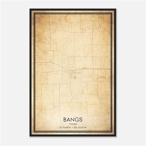 Vintage Bangs Texas Map Poster, Bangs TX City Road Wall Art Print ...