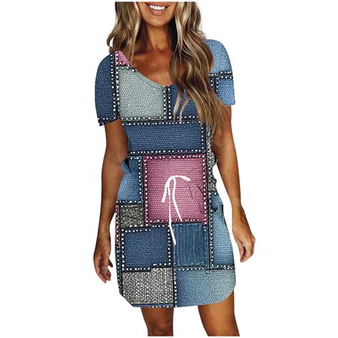 Women Summer Dresses Floral Print A-Line Boho Sundress Short Sleeve V ...