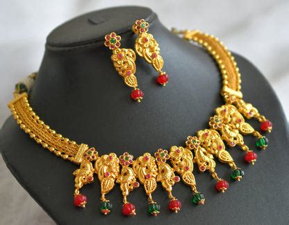 Matte finish ruby-green pumpkin beaded peacock flower necklace set dj ...