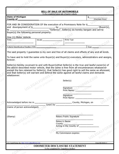 Michigan Bill of Sale for Automobile or Vehicle including Odometer ...