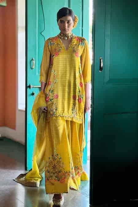 Buy Basil Leaf Scallop Neckline Yellow Sharara Set Online | Aza Fashion.