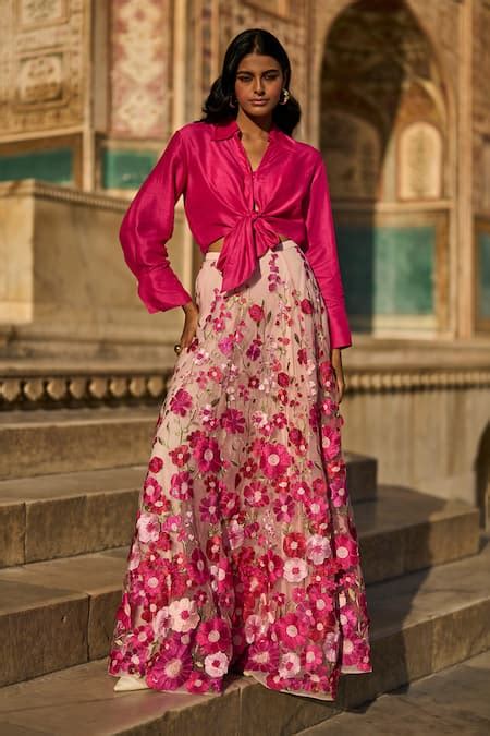 Buy Pink Polyester Embroidery Cropped Shirt And 3d Floral Lace ...